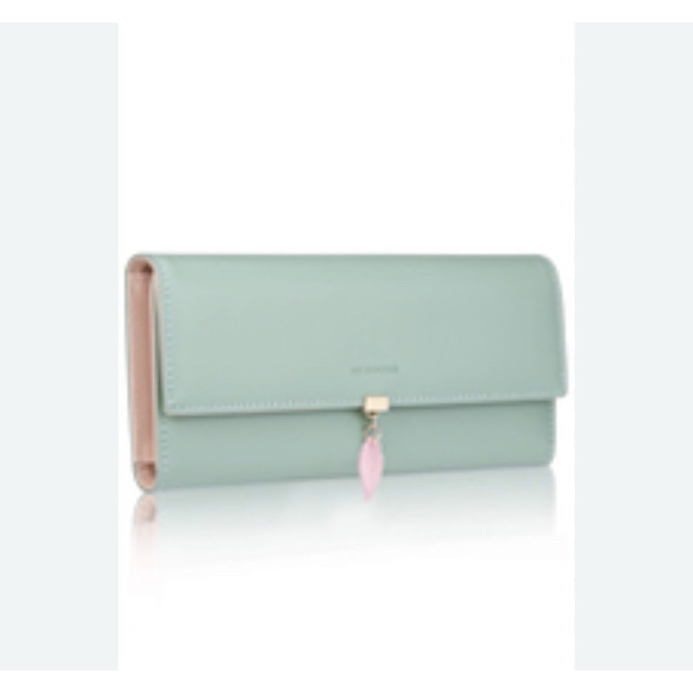 FT Funtor Matcha Green Tri-fold ID Wallet Leaf Charm Card Holder Coin Pocket‎